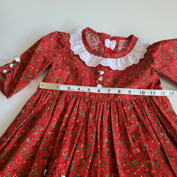 Hand made girls red dress with little roses and white lace collar. - Picture 4 of 5